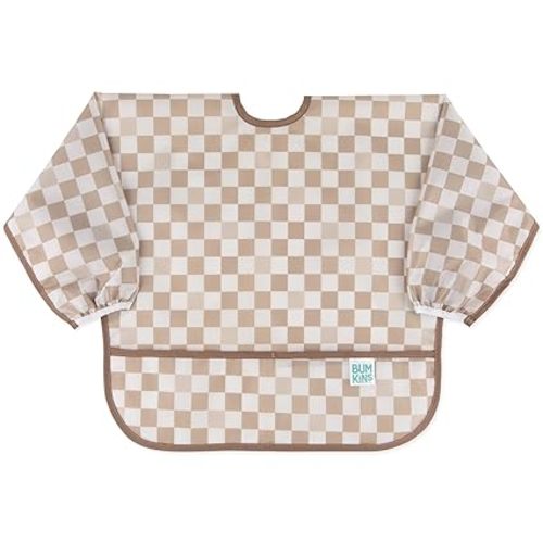 Bumkins Sleeved Bib for Girl or Boy, Baby and Toddler for 6-24 Mos, Essential Must Have for Eating, Feeding, Baby Led Weaning Supplies, Long Sleeve Mess Saving Food Catcher, Soft Fabric, Sand Check - C3 Sand Check