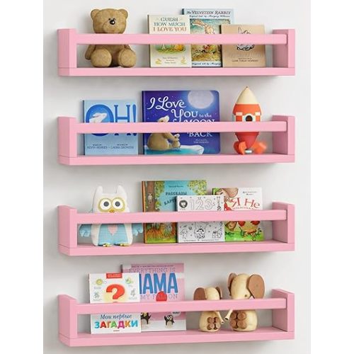Forbena Pink Nursery Floating Shelves for Wall, Small Kids Wall Bookshelf for Baby Toddler Girls Room, Wood Nursery Hanging Book Shelves for Childrens Bedroom Toys Storage Organizer (Set of 4, Pink)
