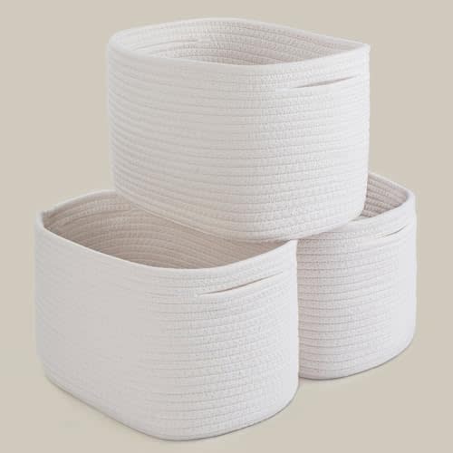 PROLAND White Woven Basket for Organizing Storage Basket, Cube Shelf Closet Storage Baskets Set 3, Long-lasting & Skin-friendly Toy Storage Basket Bin, Stylish Decor Basket, Cotton Rope Basket