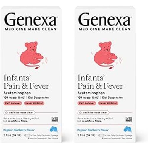 Genexa Infants’ Pain and Fever Reducer | Baby Acetaminophen, Dye Free, Liquid Oral Suspension Medicine for Infant | Delicious Organic Blueberry Flavor | 160 mg per 5mL | 4 Fluid Ounces (2 Pack) : Health & Household