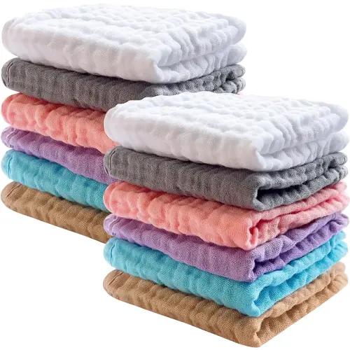 SWEET DOLPHIN 12 Pack Baby Muslin Washcloths - Soft Face Cloths for Newborn, Absorbent Bath Wash Cloths, Wipes, Burp Rag - Toddlers Essentials Stuff, Baby Registry as Shower -10"x10", Multicolor