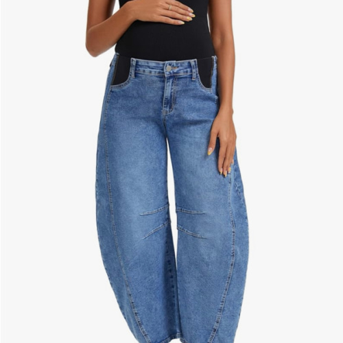 OVRUNS Women's Maternity Baggy Jeans Stretch Barrel Jeans Side Panel Loose Pregnancy Denim Pants with Pockets