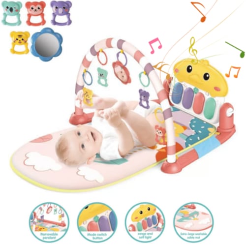 Baby Play Mat Gym, Tummy Time Baby Activity Mat with 5 Infant Sensory Baby Toys, Music and Lights Baby Floor Play Mat Birthday Gift for Babies 0-12 Months Boys Girls
