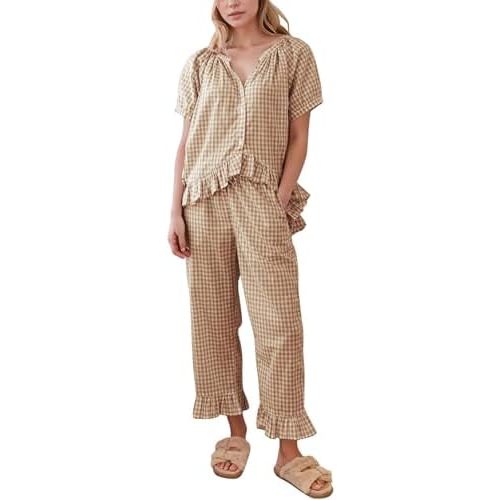Flygo Womens Plaid 2 Piece Pajamas Sets Gingham Button Down Puff Sleeve Babydoll Shirt Ruffle Pants Y2K Pjs Lounge Set