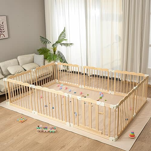 Playpen Large Foldable Play Pen for Toddlers 1-3,Easy Assemble Play Yard Wooden Baby Gates with Door,Expandable Play pens for Kids Safety Baby Playpen with Lock 67x101x24Inch