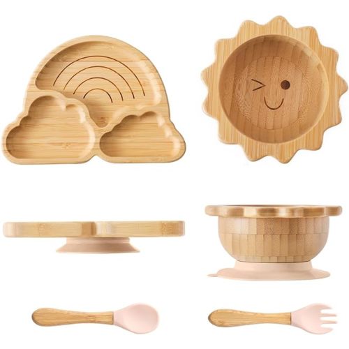 Bamboo Suction Plates Bowls Set for Baby Toddler Divided Platter Food bowl with Silicone Fork & Spoon All-Natural Baby Feeding Set for Baby-Led Weaning, Non-Slip Design
