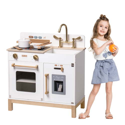 Robud Toddler Playset - Learn & Cook with Pretend Play Kitchen Wooden Toy Set for Kids 3+, White, w/Ice Maker & Oven