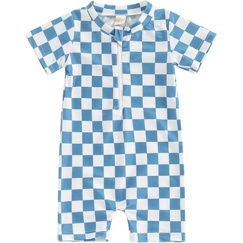 Infant Baby Boy One Piece Swimwear Short Sleeve Zipper Jumpsuit Checkerboard Print Swimsuit Sun Protection Suits