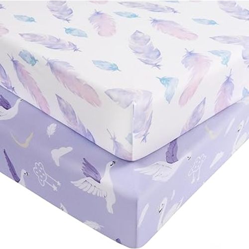 Pack and Play Sheets for Girls, 38" x 26" Mini Crib Sheets Fitted for Pack n Play Mattress, Soft Breathable Playard Sheets, 2-Pack Purple Swan