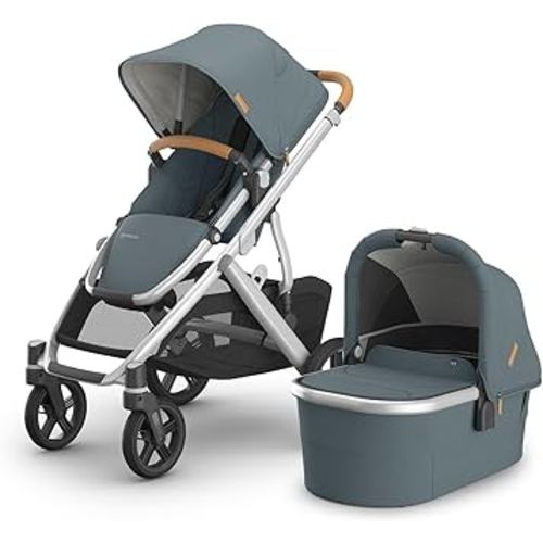 UPPAbaby Vista V3 Stroller + Bassinet V3 - Convertible Single-To-Double Stroller System- Bassinet, Toddler Seat, Bug Shield, Rain Shield Included- Callum (Stone Blue/Silver Frame/Sand Leather)