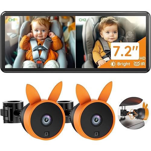 BV3 PRO Baby Car Camera for 2 Kids - 7.2" Large HD Display Dual Channel Baby Monitor, 1080P IR Night Vision Car Seat Camera, Easy Install Rear-Facing View – Ideal for Kids and Pet Safety