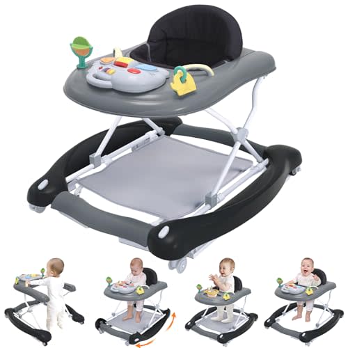 Foldable Baby 5-in-1 Activity Walker - Rocker, Activity Center, Bouncer, Seat Walker, Push Walker - Adjustable Speed Rear Wheels and Height Toys Ages 6-18 Months… (Black)