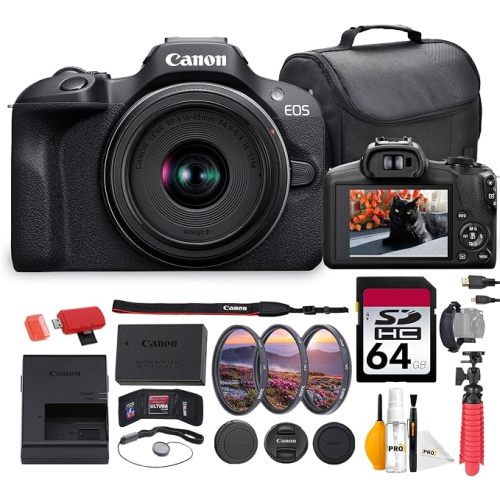 Canon EOS R100 Mirrorless Camera with 18-45mm Lens Bundle | 24.2MP APS-C Sensor, Dual Pixel AF & 4K Video | Great for Beginners, Travel, & Family Photography (6052C012) + 64GB Card + Bag + More