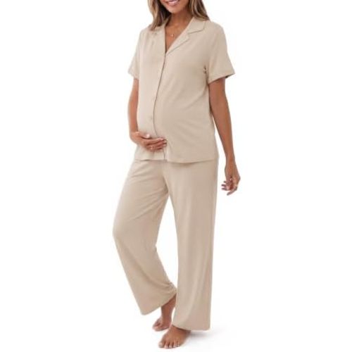 OUGES Women's 2 Piece Button Down Top Wide Leg Pants Maternity Lounge Sets