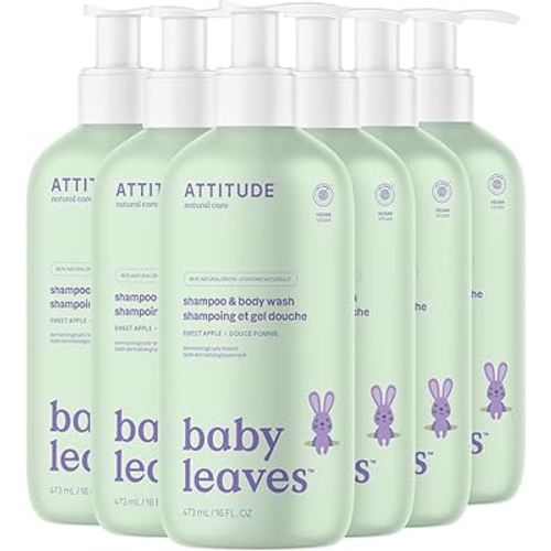 ATTITUDE 2-in-1 Baby Hair Shampoo and Body Wash, EWG Verified, Plant- and Mineral-Based Ingredients, Hypoallergenic Vegan and Cruelty-Free, Sweet Apple, 16 Fl Oz (Pack of 6) (16614)