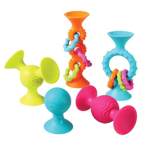 Fat Brain Toys PipSquigz Combo Set - 2 PipSquigz Loops and 3 Rattling PipSquigz in Zippered Storage Case - BPA-Free Silicone Suction Early Learner Toys