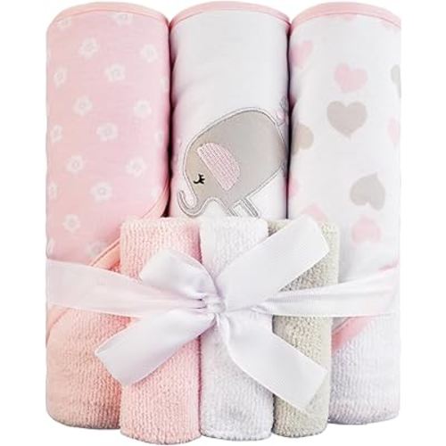 Viviland Baby Towels and Baby Wash Cloths Set Hooded Baby Towels Baby Wipes Absorbent Bath Face Towels Burp Cloths or Face Towels for Girl Boy 6-Pack Size 28 x 28 Inch(Elephant)