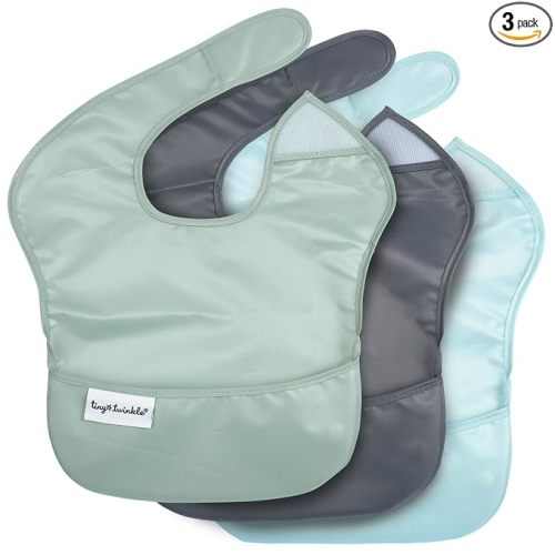 Tiny Twinkle Mess-Proof Baby Bibs for Eating | Waterproof, Wipeable Toddler Bibs with Catch-All Pocket | Feeding Bibs for Girls & Boys(3 Pack,Sage, Charcoal)