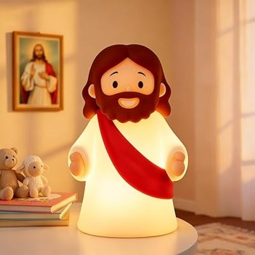magical JD Little Jesus Night Light, Mini Silicone Jesus Lamp, Dimmable Rechargeable Touch Bedside Lamp for Nursery & Kids, Ideal Religious Gift for Christmas, Easter and Baptism (Red)
