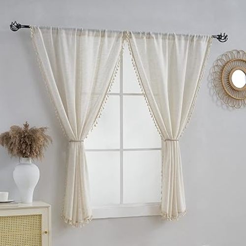 VOILYBIRD Short Curtains for Small Window Natural Linen Blended Farmhouse Curtains Country Style 45 Inch Length for Kitchen, W40 x L45, Natural, 2 Panels Set