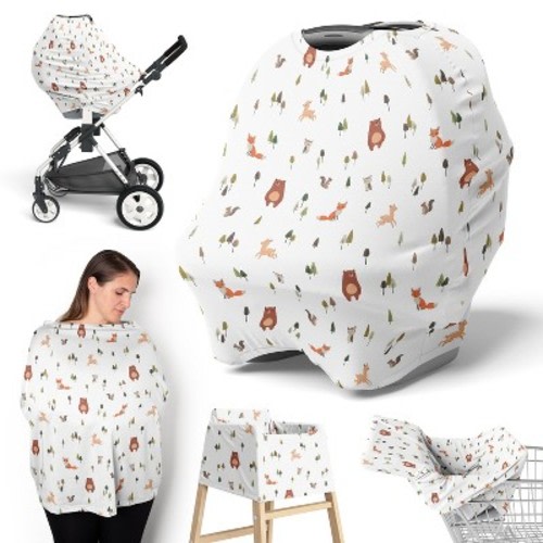 Sweet Jojo Designs Boy, Girl, Unisex/Gender Neutral 5-in-1 Multi Use Baby Nursing Cover Woodland Animal Pals Green, Beige, Brown & Orange
