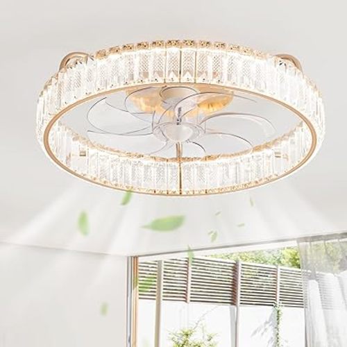 20" Enclosed Ceiling Fans with Crystal Lights, Low Profile Flush Mount Small Caged Ceiling Fan APP/Remote Control, Modern Bladeless Ceiling Fan with Dimmable Led Light for Bedroom Kids Room, Gold