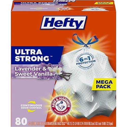 Hefty Ultra Strong 13 Gallon Trash Bags, Tall Kitchen Trash Bags 13 Gallon Size, Drawstring Closure, Continuous Odor Control, White, Lavender and Sweet Vanilla Scent, 80 Bags