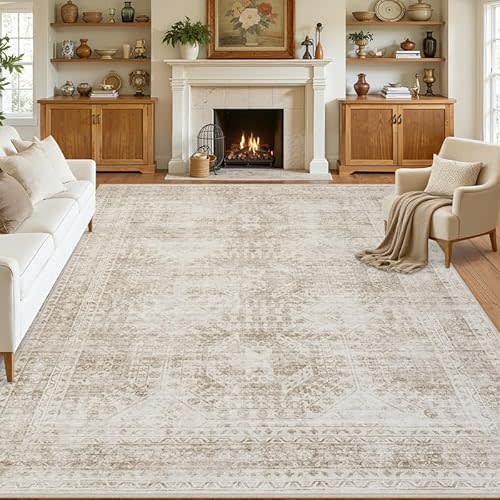 8x10 Area Rugs for Living Room: Vintage Boho Neutral Washable Rug Indoor Soft Large Area Rug Carpet for Bedroom Nursery Farmhouse Dining Room Office Floor Non-Slip Low Pile Under Table Rug Brown