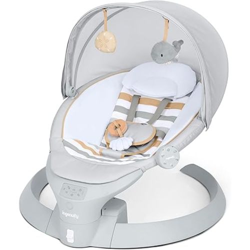 Ingenuity Inlighten Bounce & Sway Swing, Bluetooth Music, Canopy with Lights & Toys, Touch & Remote Controls, 3-in-1 Seat Modes, Machine Washable Pad, Ages 0+ Pebble Shore