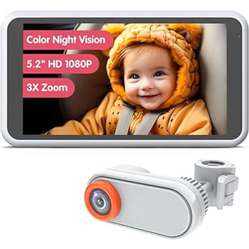 5.2" Baby Car Camera, Starlight Color Night Vision Monitor for Backseat, Unique Headrest Mount with 360° Rotation, 3X Zoom in Closer, Brightness for Eye Comfort, Must-Have Baby Item White BM2