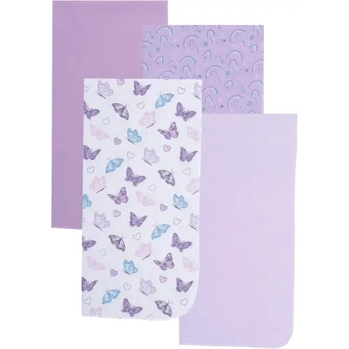 EVERYDAY KIDS 4 Pack of Soft Receiving Baby Blanket Set for Girls; Purple Baby Swaddle Blankets with Butterfly and Rainbow Designs for Newborn Baby Girl Nursery