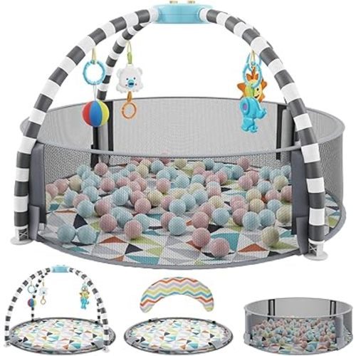 5 in 1 Baby Play Gym and Ball Pit -Playgym with 6 Toys, Balls, Tummy Pillow, Tummy Time Play Mat - Easy to Set Up Baby Activity Mat - Gym Ball Pit - Infant Playmats for Boy & Girls
