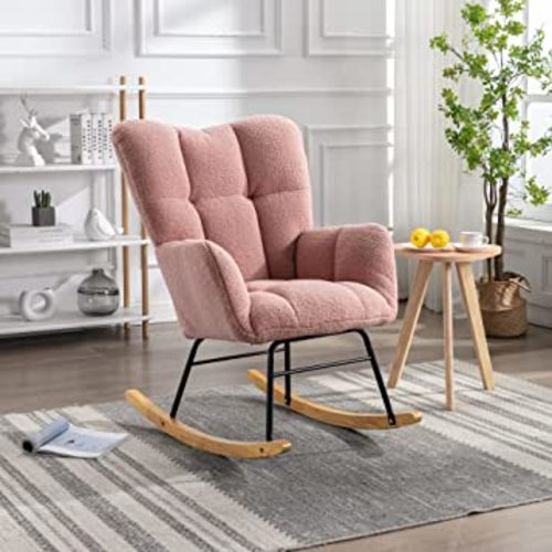 Nursery Rocking Chair, Modern Teddy Fabric Nursing Chair for Mom and Baby, Accent Upholstered Rocker Glider Chair with High Backrest for Nursery Bedroom Living Room (Pink)