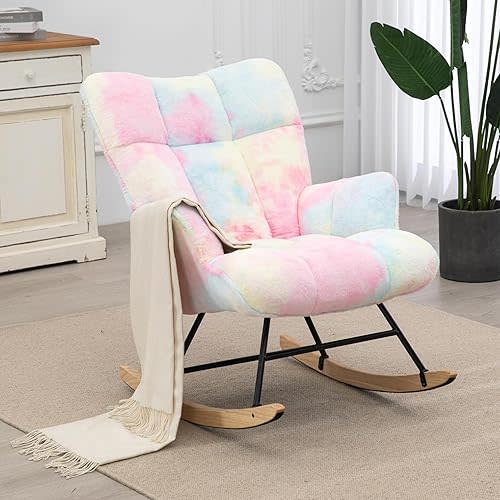 Rocking Chair Nursery Teddy, Upholstered Baby Fluffy Glider Rocker for Adults Indoor, Comfy Sherpa Compact Nursing Chairs for Small Spaces, Living Room, Classroom, Bedroom, Colorful