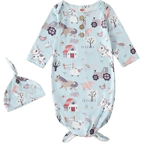 AMAWMW Newborn Baby Boys Girls Cartoon Sleeper Gown Long Sleeve Mountain Nightgown Hat Outfits