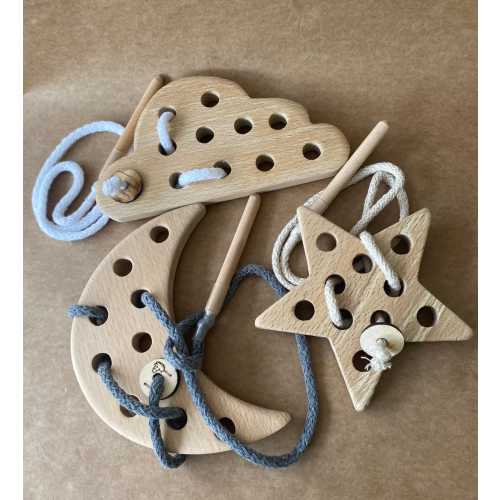 Montessori Wooden Lacing Toy Set - Educational Fine Motor Skills Toy - Moon, Star, Cloud Shapes