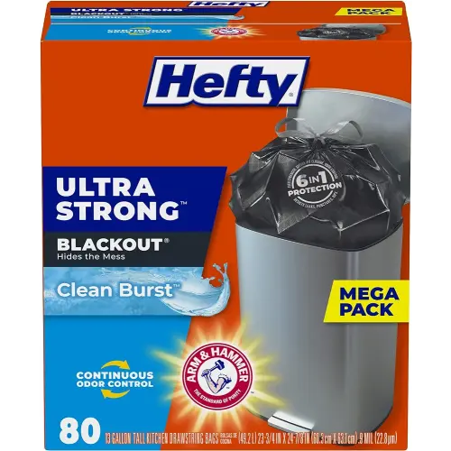 Hefty Ultra Strong 13 Gallon Trash Bags, Black Tall Kitchen Trash Bags 13 Gallon Size, Break Resistant Drawstring Enclosure, Continuous Odor Control, Blackout, Clean Burst Scent, 80 Bags