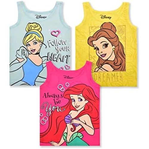 Disney Princess Cinderella, Belle and Ariel Girls’ 3 Pack Tank Top for Toddler and Little Kids – Pink/Yellow/Blue