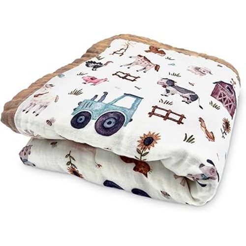 100% Organic Cotton Muslin Supersoft Baby Blanket, Luxurious Gender Neutral Swaddle & Receiving Blankets for Boys & Girls, Toddler Quilt & Stroller Blanket, Ideal Gift for Newborns & Toddlers (Farm)