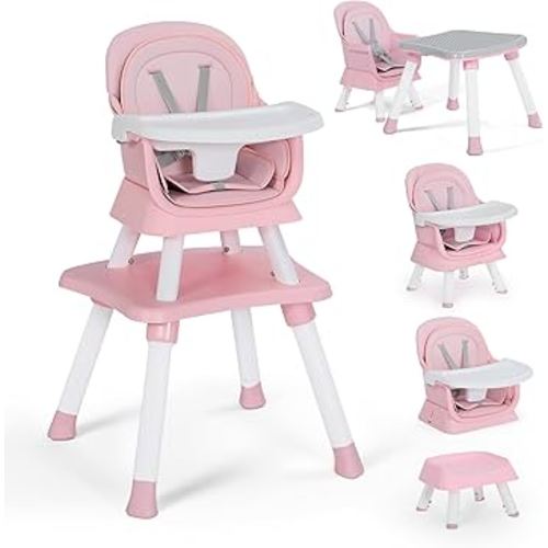 Baby High Chair, 8 in 1 Convertible Highchairs for Babies and Toddlers, Children Dining Booster Seat/Kids Building Block Table for Girls Boys, Baby Seat with Removable Tray,Pink & White