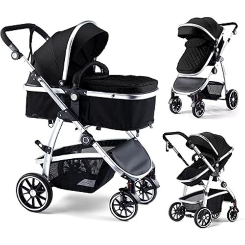 Baby Stroller, 2-in-1 Reversible Toddler seat with Bassinet Mode, Foldable Infant Stroller with Canopy, One Button Brake, Adjustable Handle, Newborn Pushchair(Black)