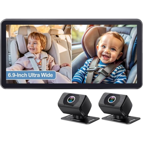 2-Kids Baby Car Camera for Seat: 6.9 Inch Ultrawide Display with Two Cameras Rear Facing - USB Powered Backseat Camera HD 1080P Easy to Install