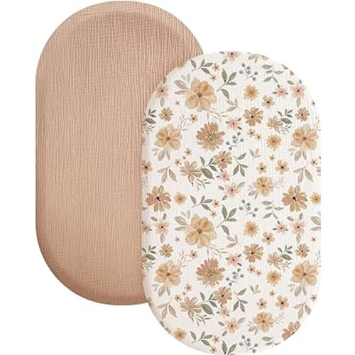 Konssy 2 Pack Muslin Fitted Bassinet Sheets for Baby Girl Boy, Soft Breathable Baby Bassinet Sheets Fit for Baby Bassinets, Cradle, Moses Basket Oval Rectangle Pad/Mattress (Peach,Floral)