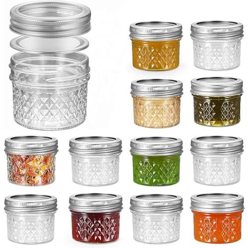 FRUITEAM 4 oz 12 PACK Mini Mason Jars with Lids and Bands, Quilted Crystal Jars Ideal for Spice, Honey, Jam, Body Butters, Jelly, Wedding Favors, DIY Candles Decor