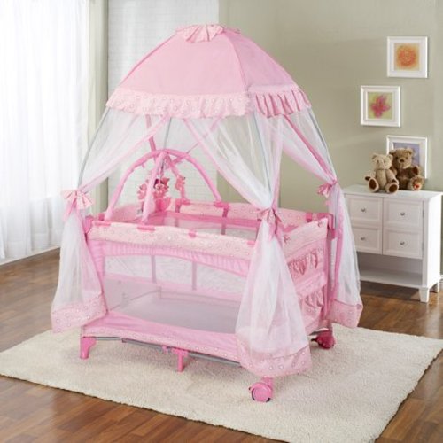Big Oshi Portable Deluxe Playard With Canopy Net Topper- Pink