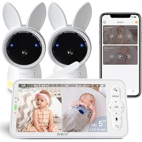 ARENTI Baby Monitor with 2 Cameras, 2K Smart Baby Camera with 5'' Upgraded Wireless Display, Super Night Vision, Breathing Light, Lullabies, Cry&Motion Detection, Temp&Humidity Sensor, 2 Way Audio