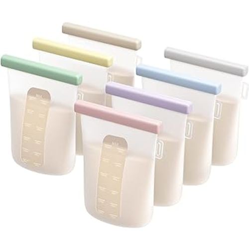 Nuliie 7 Pcs Reusable Silicone Breastmilk Storage Bags, 12oz/360ml Double Leak-Proof Breastmilk Freezer Bags, BPA Free Self-Standing Milk Bags for Breastfeeding, Baby Food Pouches