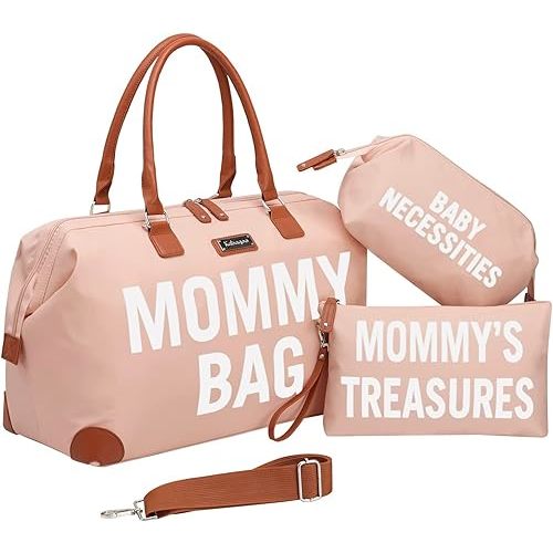 KABAQOO Mommy Bag for Hospital, Diaper Bag Tote with Changing Pad, Hospital Bags for Labor and Delivery, Large Travel Diaper Tote for Boys & Girls, Pink