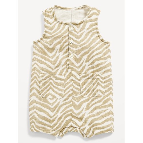 Printed Sleeveless Linen-Blend Henley One-Piece Romper for Baby