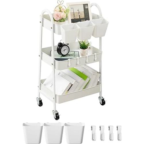 Danpinera 3-Tier Rolling Cart, White, Easy Assembly, Sturdy Metal Construction, Ideal for Kitchen, Crafts, Storage, and Organization